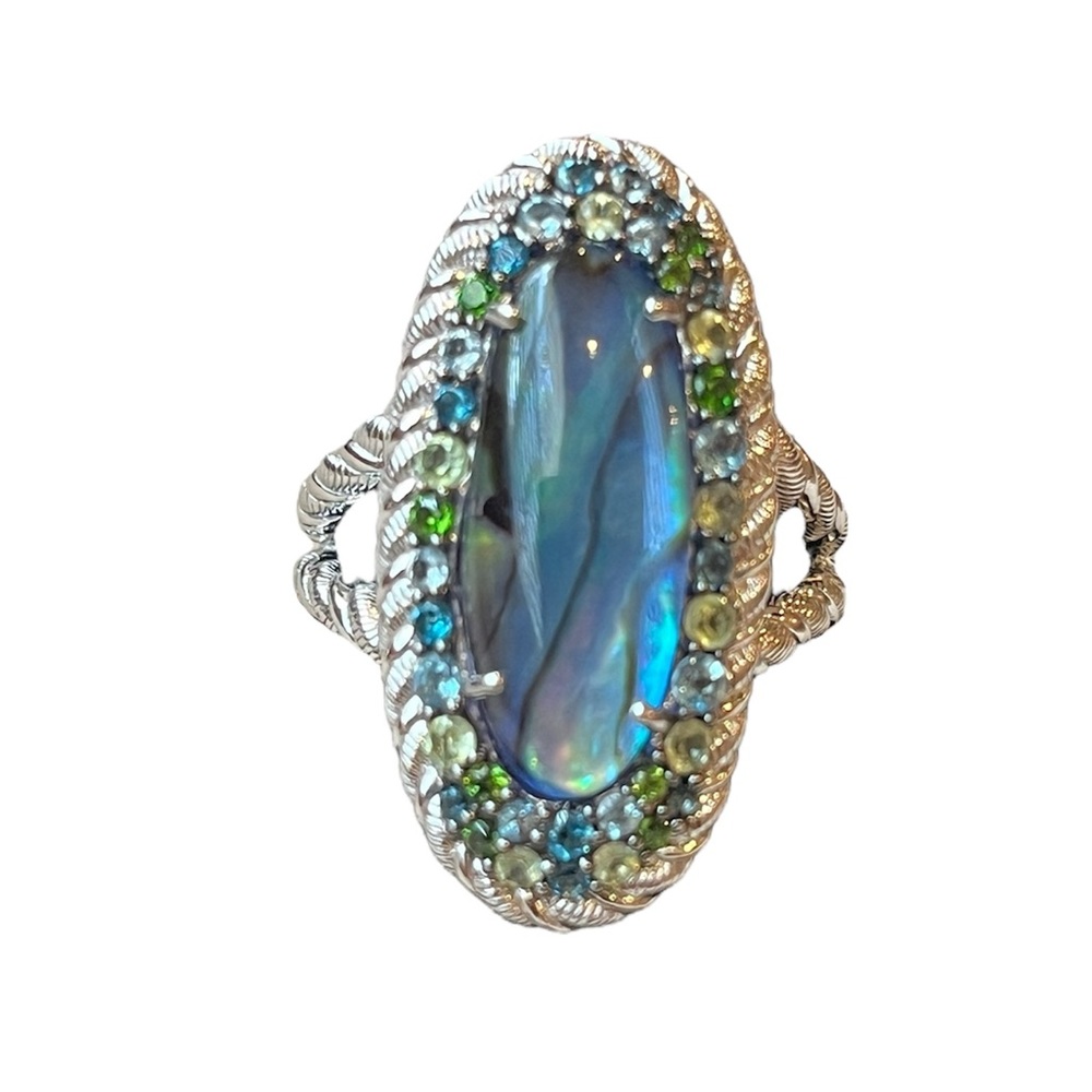 Judith Ripka Sterling Silver Abalone Ring with Blue Green Gemstones NWT Size 8 - Picture 1 of 16